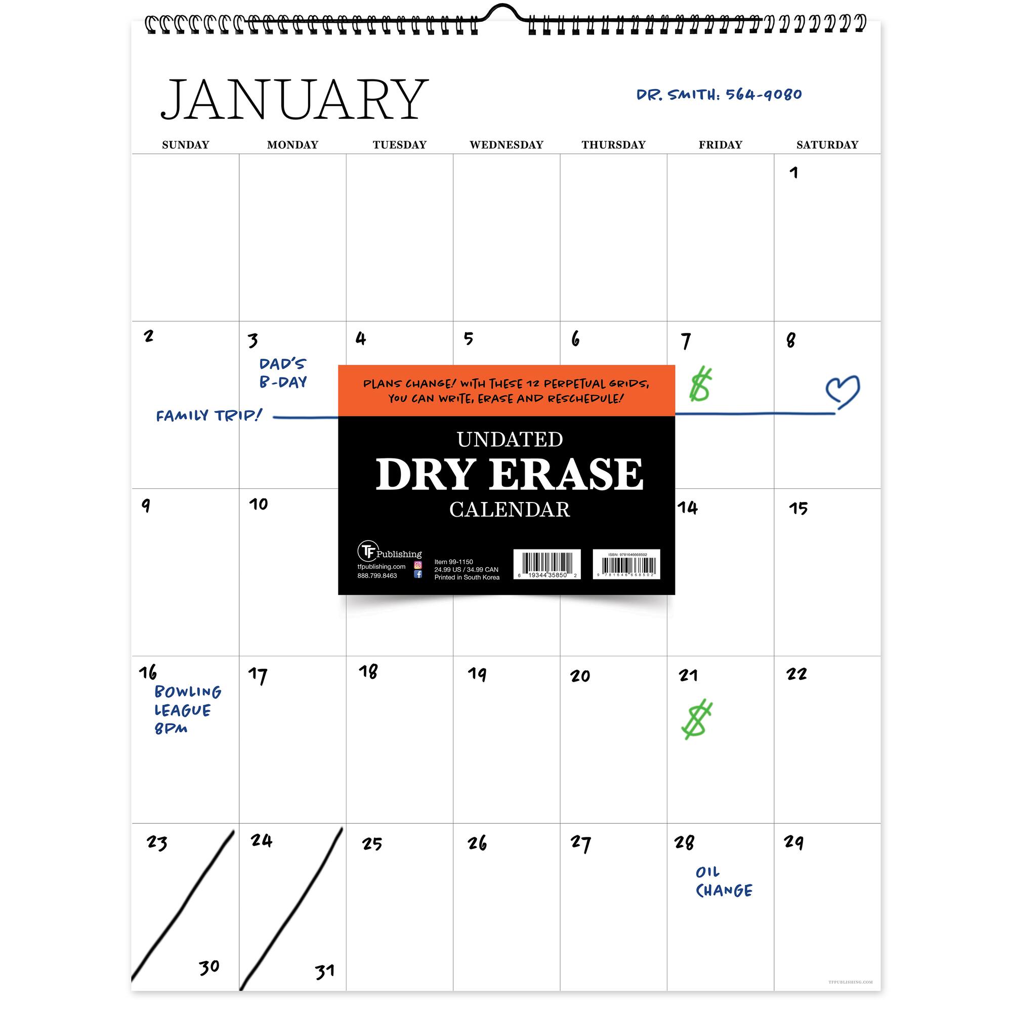 TF Publishing Undated Dry Erase Large Wired Hanging Vertical Wall Calendar